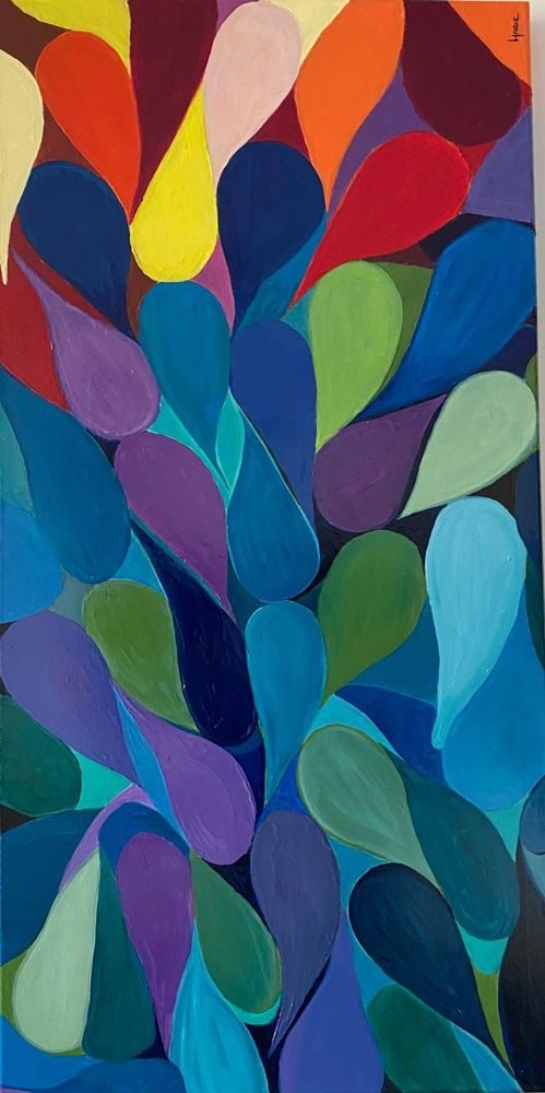 [Titre de l'œuvre], acrylique sur toile, gouttes colorées du rouge au bleu profond