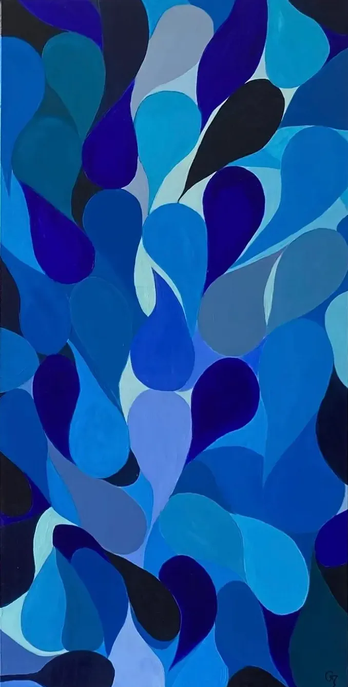 Gala 001, tableau abstrait de Gala Mars : gouttes bleues, du turquoise au bleu nuit