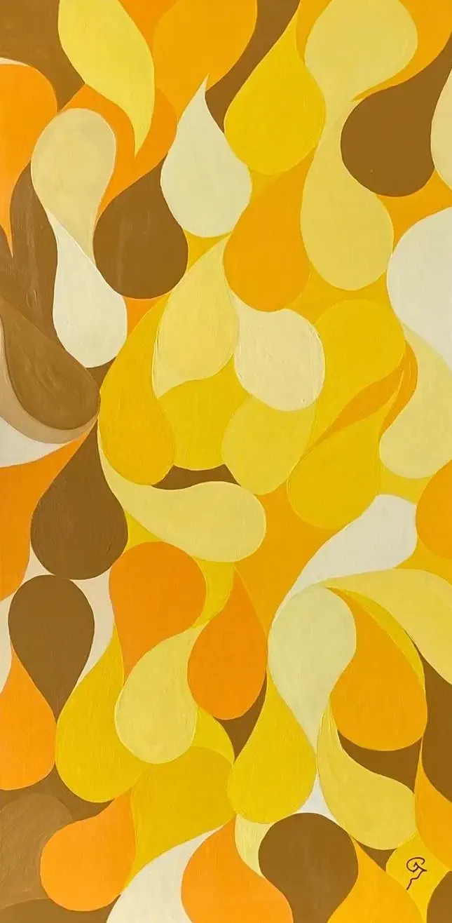 Gala 002, tableau abstrait de Gala Mars : gouttes jaunes, orangées et brunes