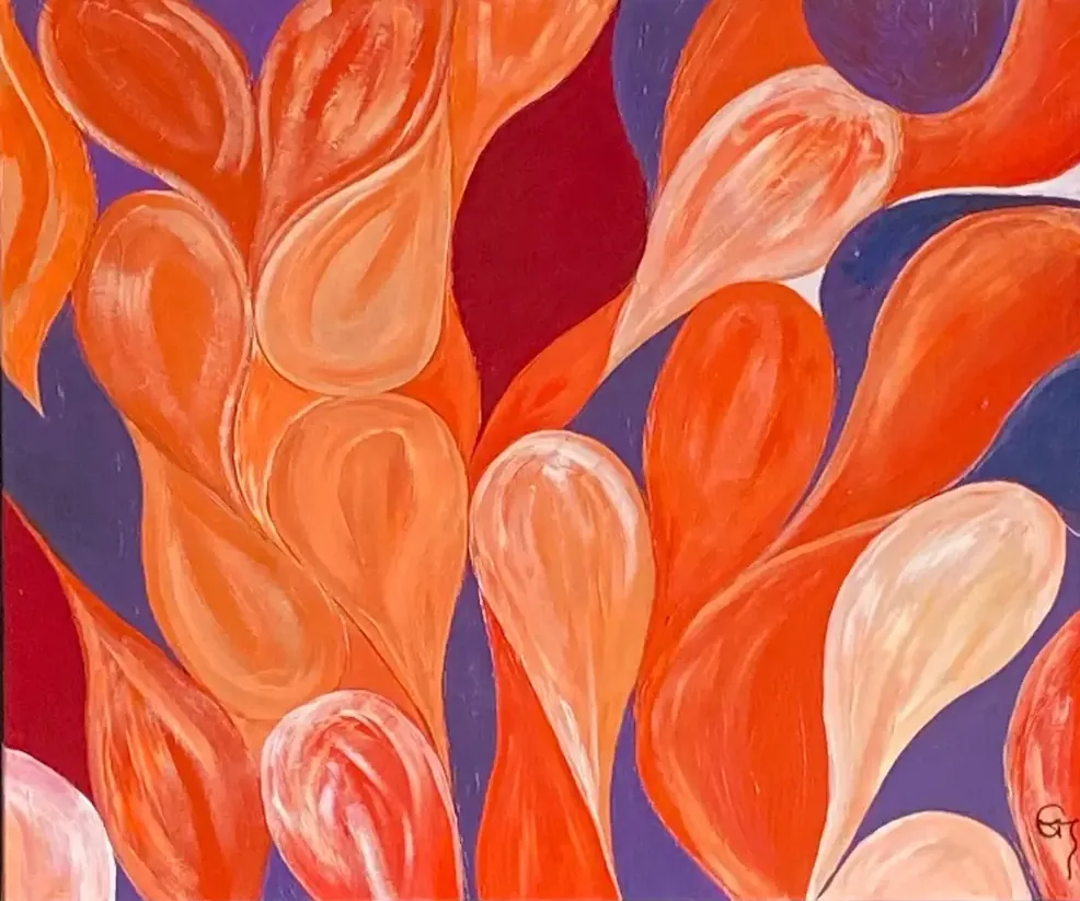 Gala 003, tableau abstrait de Gala Mars : gouttes orangées et rosées sur fond violet