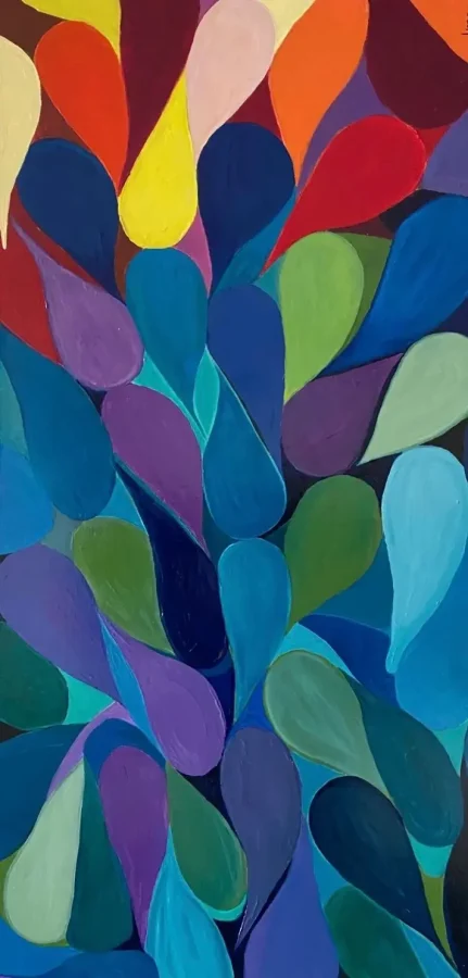 Gala 004, tableau abstrait de Gala Mars : gouttes violettes, bleues et vertes couronnées de rouges, d'orangés et de jaunes